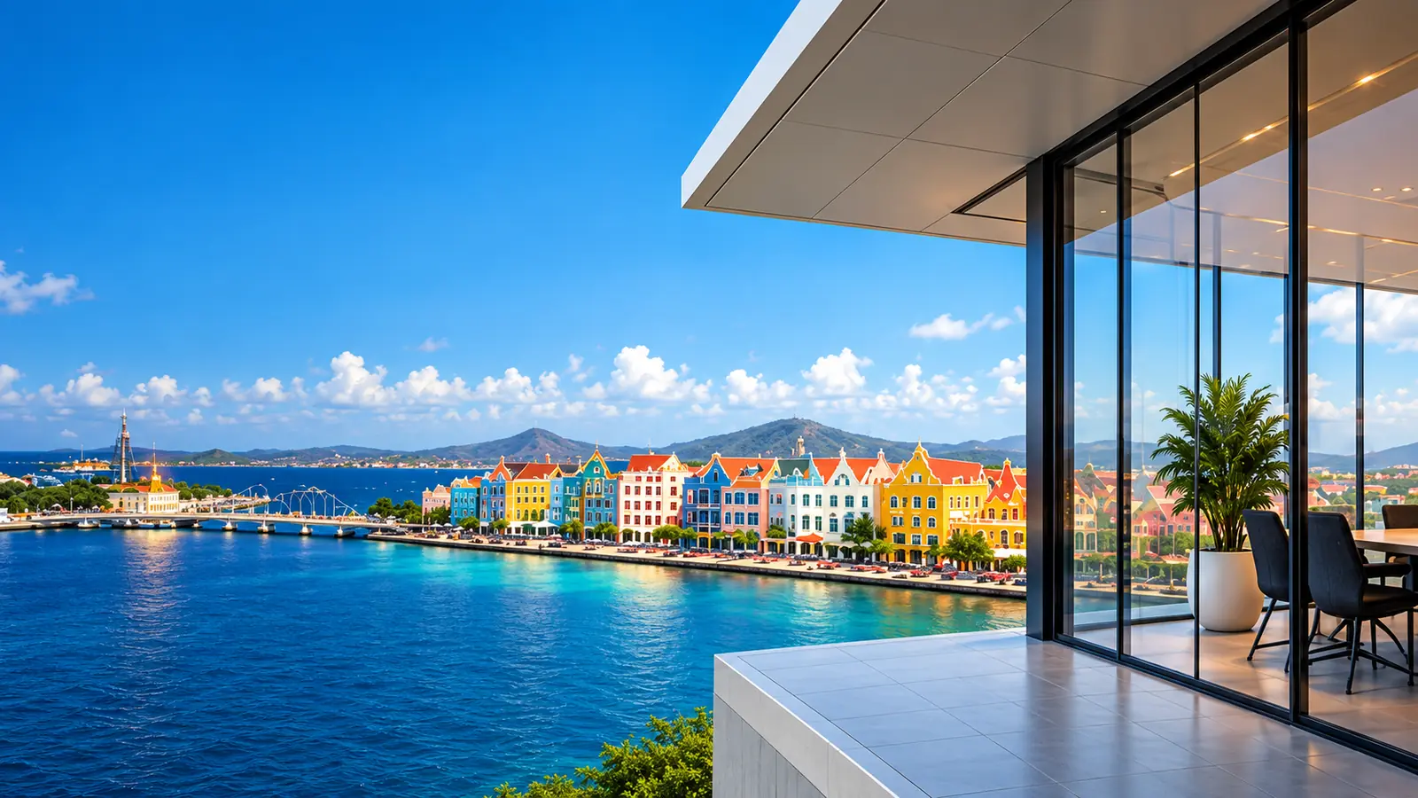 Merkbeeld van een moderne kantoorruimte met uitzicht op de kleurrijke waterkant van Willemstad, Curaçao