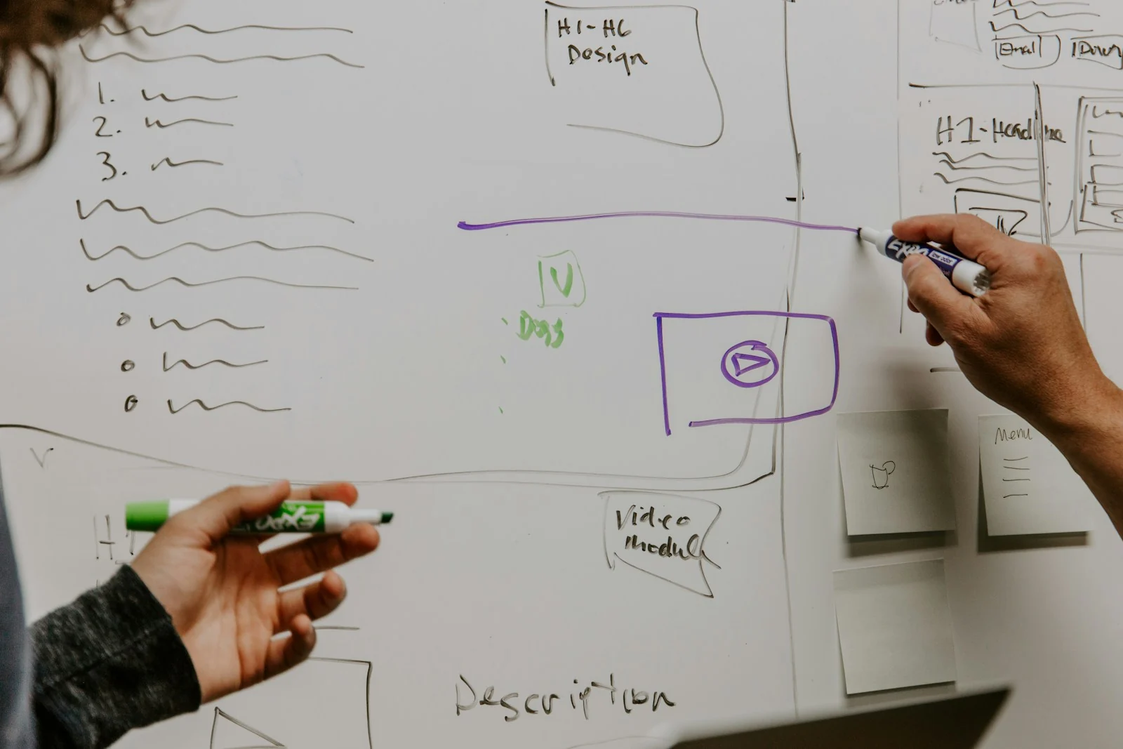 Professionals brengen ideeën en vervolgstappen in kaart op een whiteboard; illustratieve fotografie